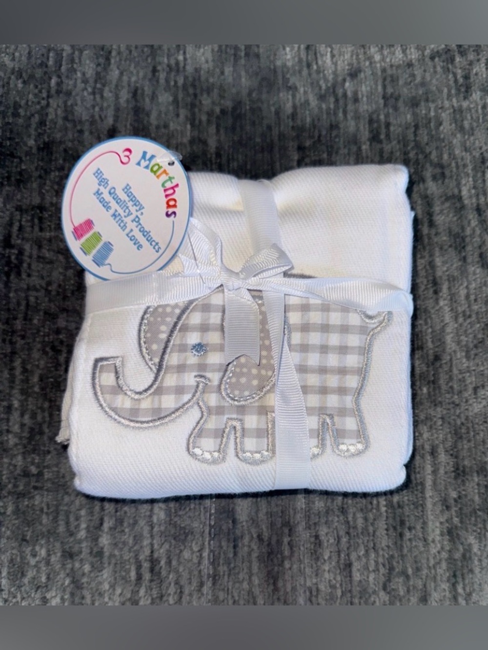 3 MARTHAS ELEPHANT APPLIQUÉ BURP CLOTH